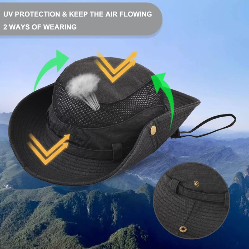KeepSa Sun Hat for Men, Cotton Embroidery Summer Outdoor Sun Protection Wide Brim Bucket Hat Foldable Safari Boonie Hat Black - Image 3